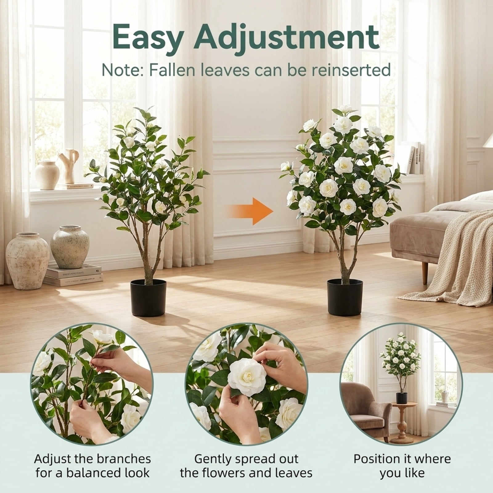 Vebreda Artificial Plant Decor, Artificial Camellia Tree Faux Flower Plant in Cement-Filled Pot, Lifelike & Elegant Design, Selected PE Materials