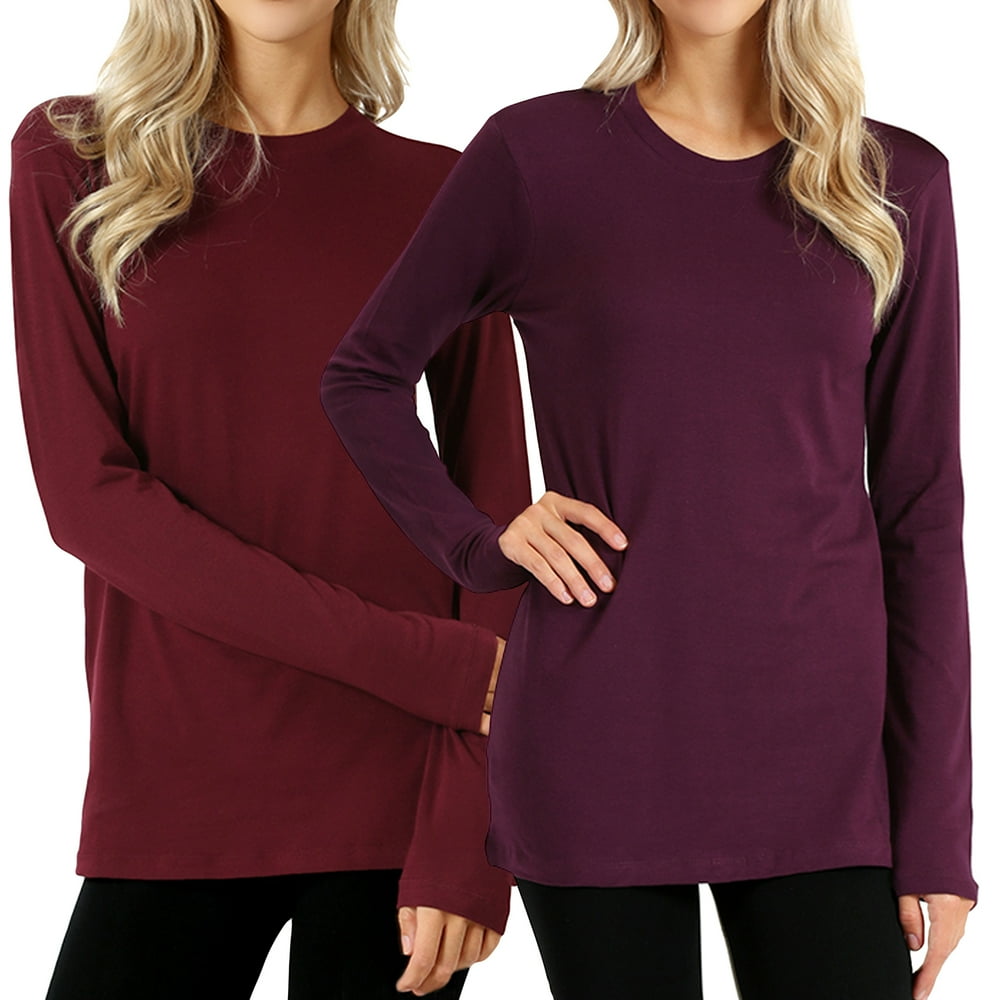 Zenana Women And Plus Basic Round Crew Neck Long Sleeve Stretch Cotton Spandex T Shirts 2pk