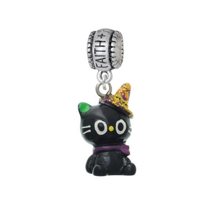 Resin Black Kitty Cat with Witch Hat - Faith Hope Love Charm Bead