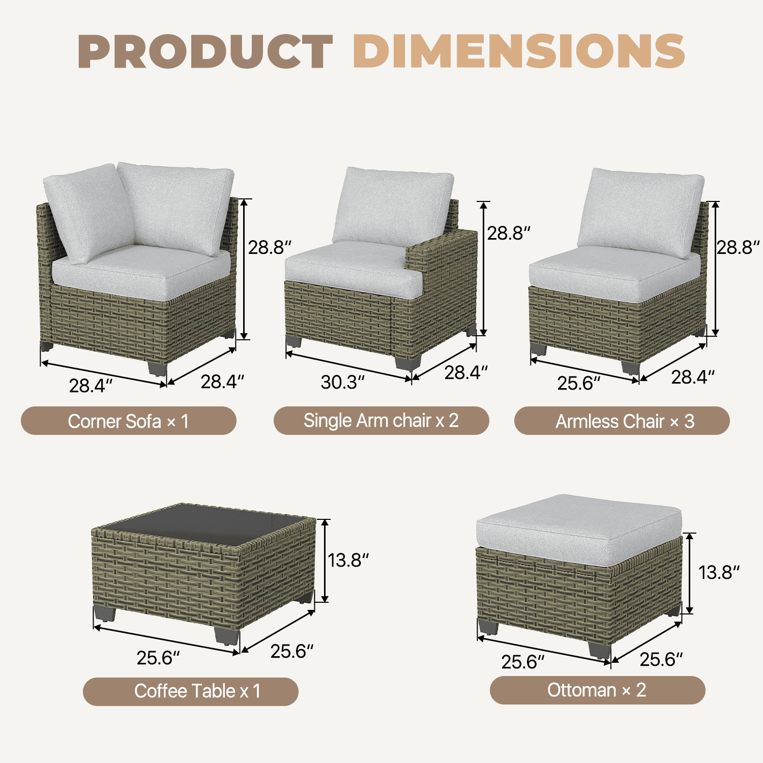 BaPiPro 9-Piece Outdoor Rattan Modular Patio Sofa Set with Thick Light Gray Cushions, Multi-Use Ottoman and Easy-Clean Coffee Table for Garden and Patio Leisure Use