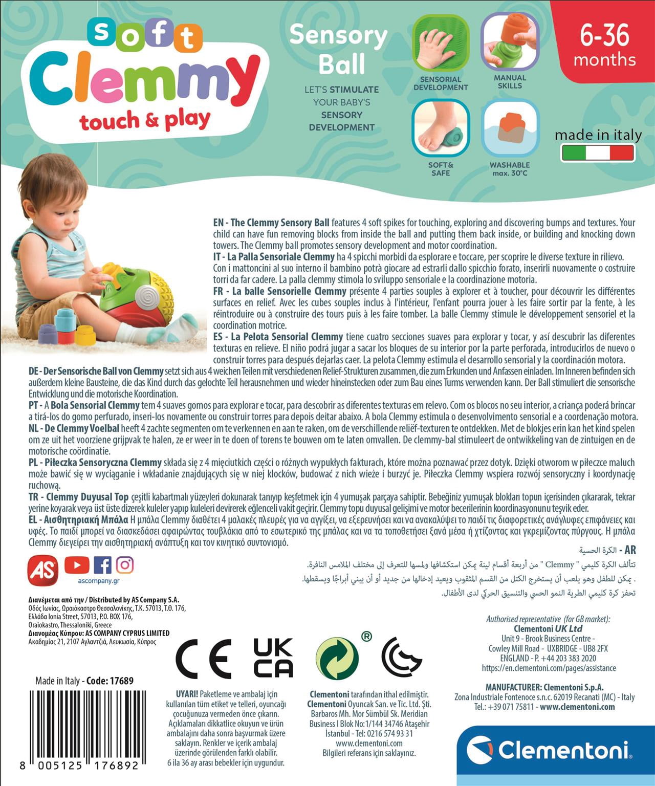 Clementoni Sensory Ball: 5 Soft Multicoloured Building Blocks for Babies, Develops Senses, Motor Skills & Coordination, Washable (6-36 months)