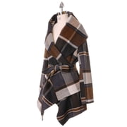 CHICWISH Women's Turn Down Shawl Collar Open Front Earth Tone Check Asymmetric Hemline Wool Blend Coat