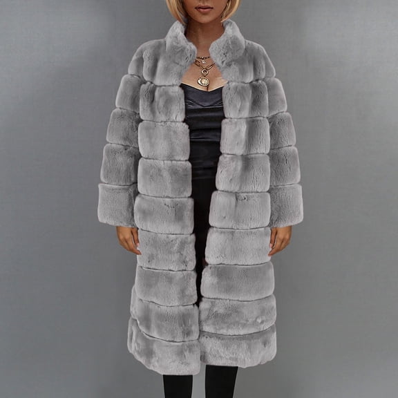 symoid Womens Faux Fur Coats & Jackets- Ladies Warm Faux Fur Coat Jacket Winter Solid V-neck Outerwear Gray XXL
