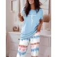thumbnail image 3 of ChicMe Pajamas for Womens Letter Print Round Neck Short Sleeve Tops and Tie Dye Elastic Waist Pants Loose Fit Casual Loungewear Set Blue-s, 3 of 9