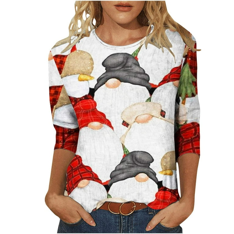 Christmas Shirts for Women Loose fit 3/4 Sleeve T Shirt Fashion Santa Claus  Graphic Cute Top Casual Blouse Tee Shirt