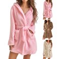 thumbnail image 1 of Fairnull Long Sleeve Pockets Waist Lace-up Solid Color Winter Pajamas Winter Warm Hooded Fleece Short Bathrobe, 1 of 8