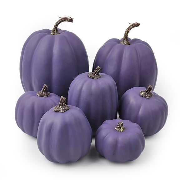 Fall Decor Halloween Decorations 7 Piece Artificial Pumpkin Set, Halloween Decor Purple Faux Pumpkin Ornaments for Party Display, Seasonal Tabletop Decoration,Halloween Event Atmosphere Setup