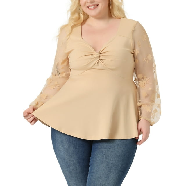 Camisas de peplum de malla transparente de manga larga con cuello en V para mujeres de tallas grandes Agnes Orinda 2X Beige