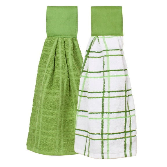 RITZ Solid and Multi Check Kitchen Tie Towel, Set of Two, Cactus
