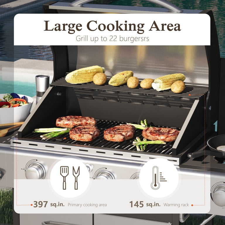 Enaセニング40x(0.1) (8~10%) Alpha Joy 4-Burner Propane Gas BBQ Grill, Side Burner, Wheels