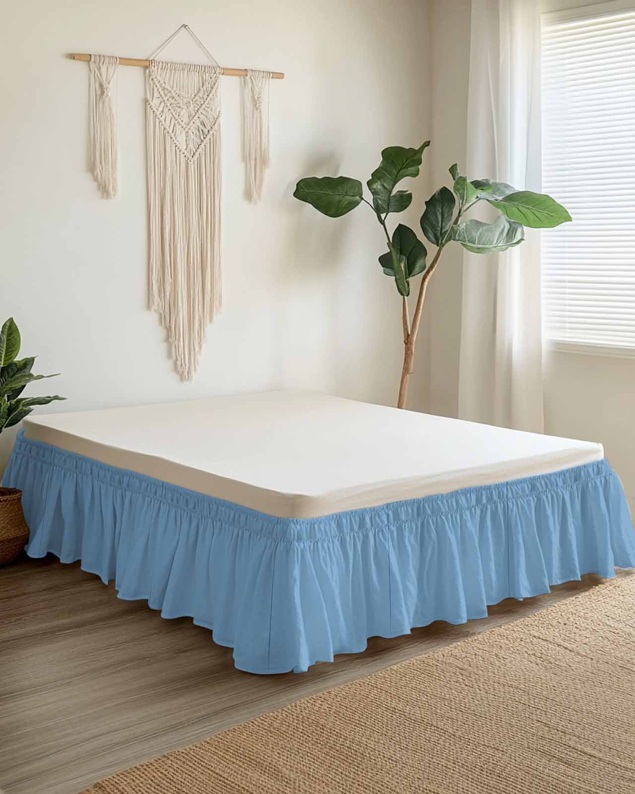 Dusty Blue Bed Skirt Queen Size 18" Drop Solid Color Ruffled Wrap Around Bed Skirts Adjustable Elastic Bedskirt Dust Ruffle for Queen Size Bed