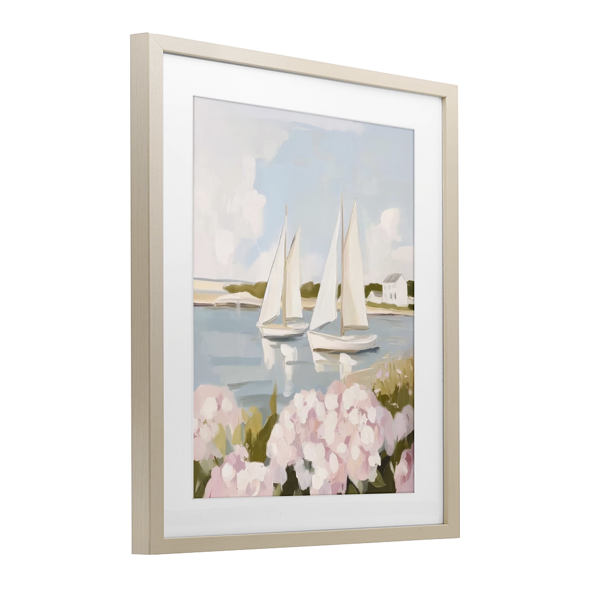 Stupell Industries Sailboat Duo with Pink Hydrangeas Birch Framed Print Under Glass, design by Sisi and Seb