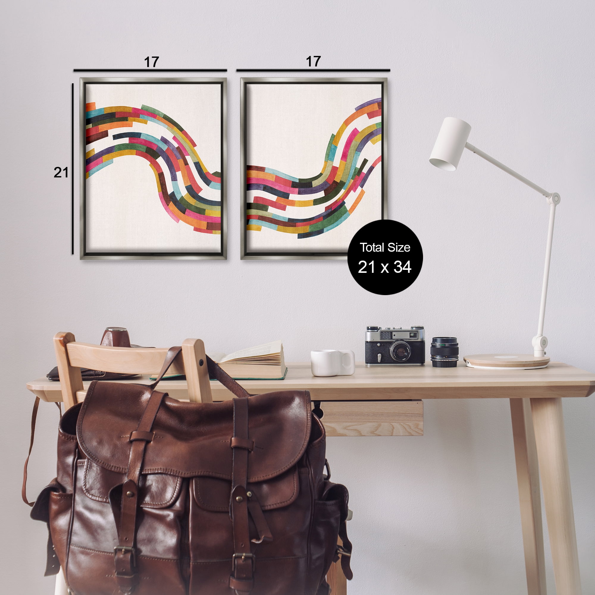 Stupell Industries Abstract Colorful Wave Abstract Painting Gray Floater Framed Canvas Art Print Wall Art, 17 x 21, Set of 2