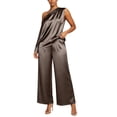 thumbnail image 4 of Pounoo Two Piece Sets for Women Satin Fabric Asymmetric Neck Short Sleeve Top Full Length Pants Elegant Style Daily Party Vacation Matching Outfits, 4 of 6