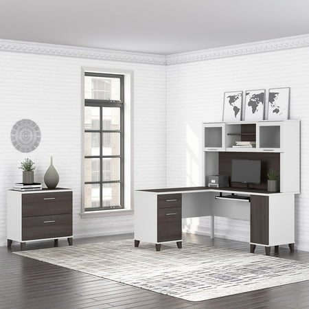UPC: 0042976156534 | Bush Furniture Somerset 60W L Shaped Desk with Hutch and Lateral File Cabinet Storm Gray/White Chrome Finish