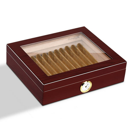 Gymax 25 Cigar Humidor Storage Box Desktop Glasstop Humidifier w/ Hygrometer
