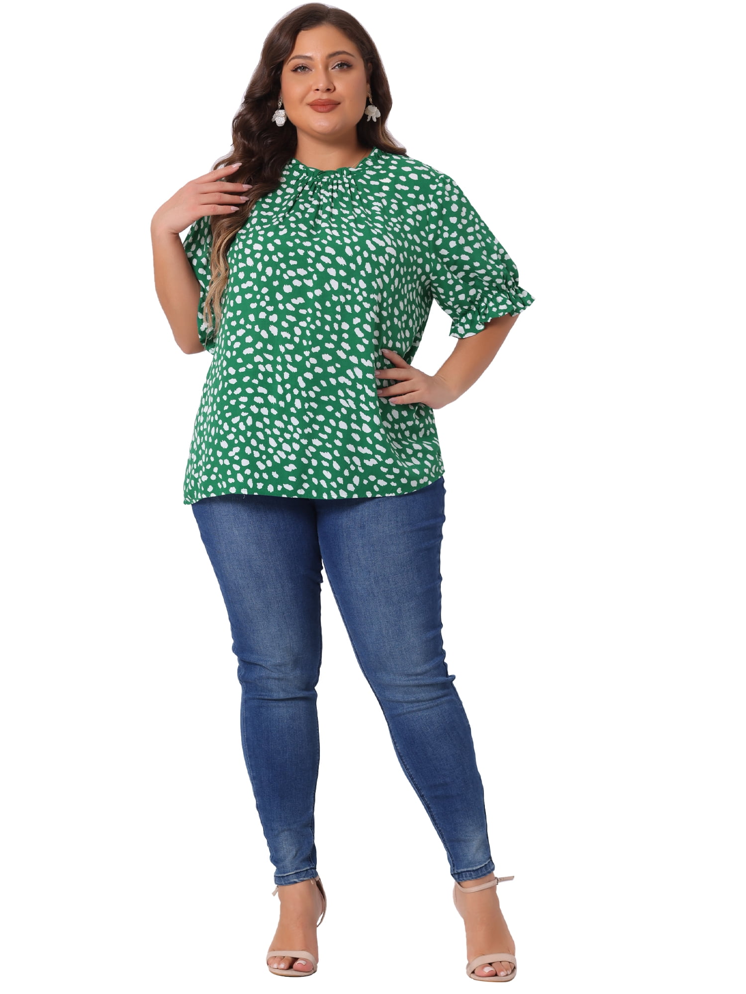 DARING DIVA Women's Plus Polka Dots Print Ruffle Hem Mock Neck Blouse 2X Green