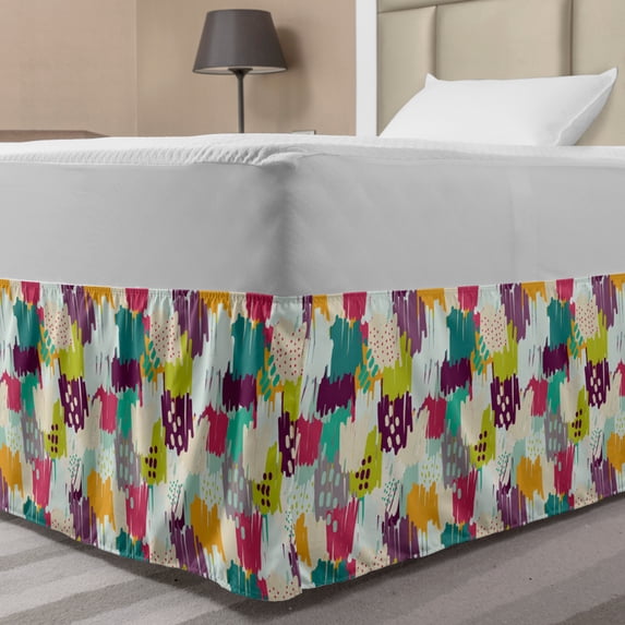 Brush Bed Skirt, Paint Brush Chunky Blows Canvas Fantasy World Polka Dots Linked Inky Splatters, Elastic Bedskirt Dust Ruffle Wrap Around for Bedding Decor, 4 Sizes, Multicolor, by Ambesonne