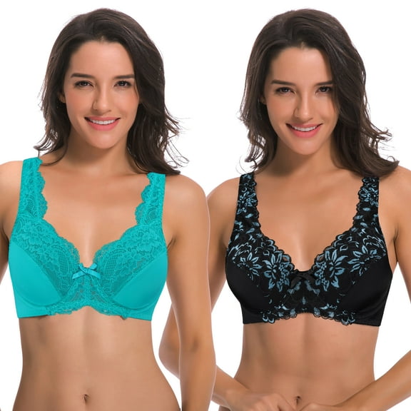 Curve Muse Women's Minimizer Unlined Underwire Bra With Lace Embroidery-2 Pack-Black,Teal-34B