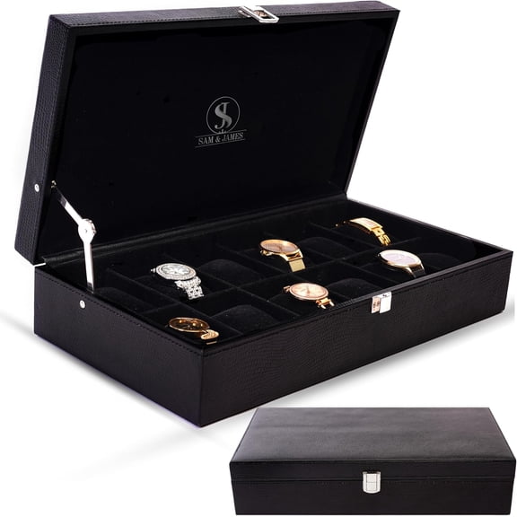 Genuine Leather Watch Box for Men, 12-Slot Wrist Watch Case, Full-Grain Black Leather Organizer with Lid for Closet Storage