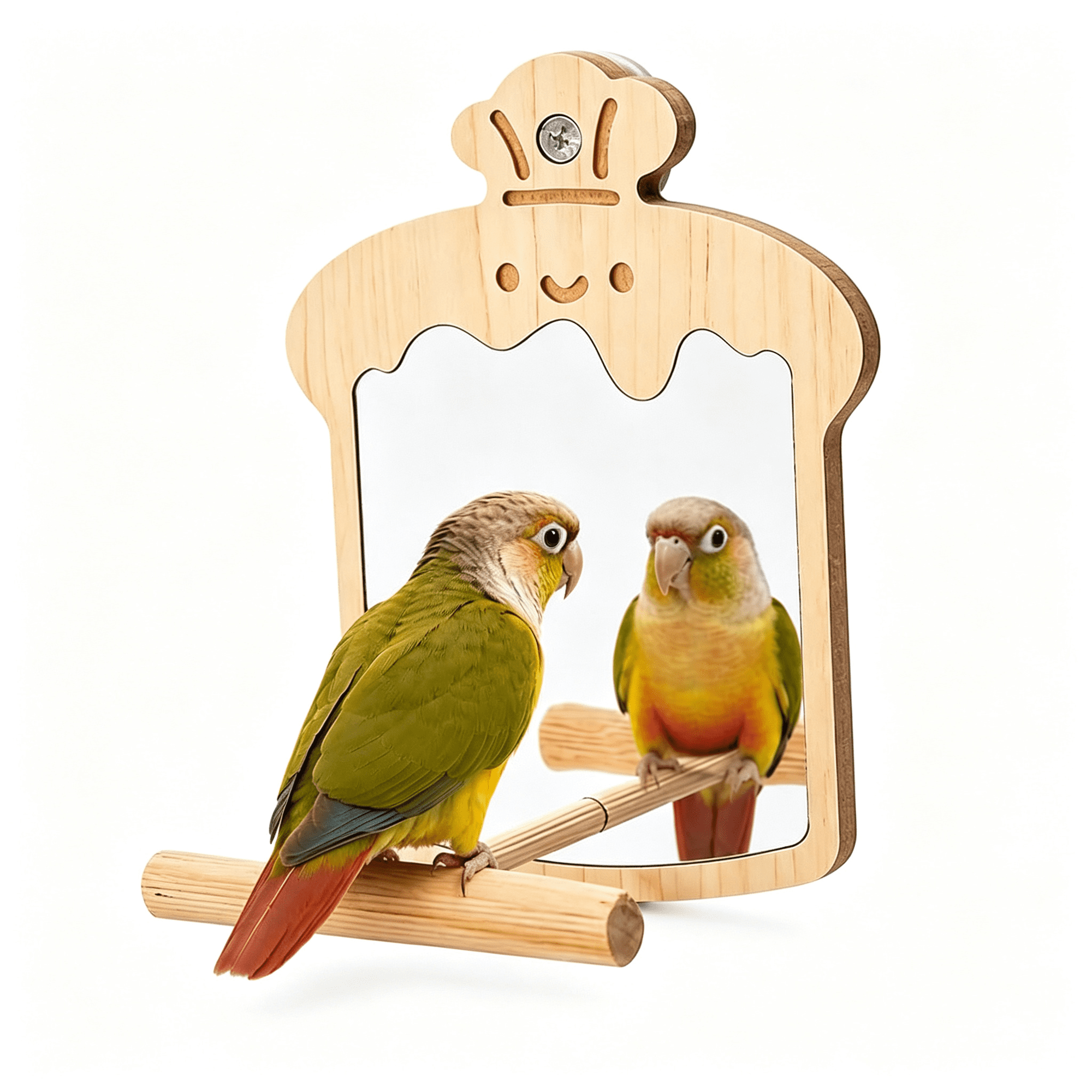 BESTSKY Bird Mirror with Perch,Wooden Bird Cage Mirror Toy,Natural Pine Parrot Perch Accessory for Conures,Budgies,Parakeets,Cockatiels,Lovebirds and Small to Medium Birds