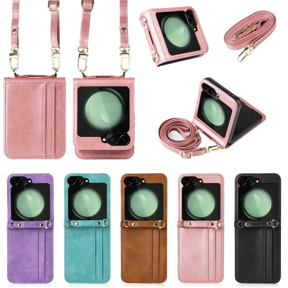 for Z Flip 6 Case Wallet with Card Holder for Women Samsung Galaxy Z Flip 6 Case with Detachable Crossbody Lanyard PU Leather Shockproof Protective Cover for Samsung Z Flip 6 Case,Pink