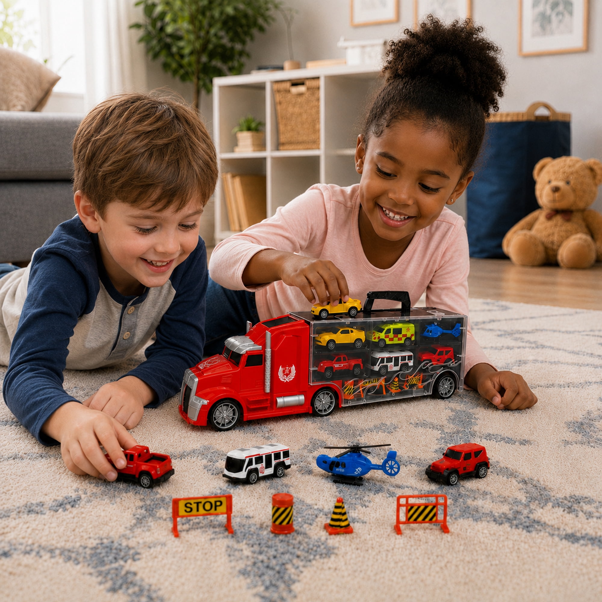 11-Piece Toy Truck Carrier Set with Mini Vehicles, Big Rig Transporter Playset with Cars, Helicopter, Bus & Road Signs, Storage Truck Toy for Kids Ages 3+