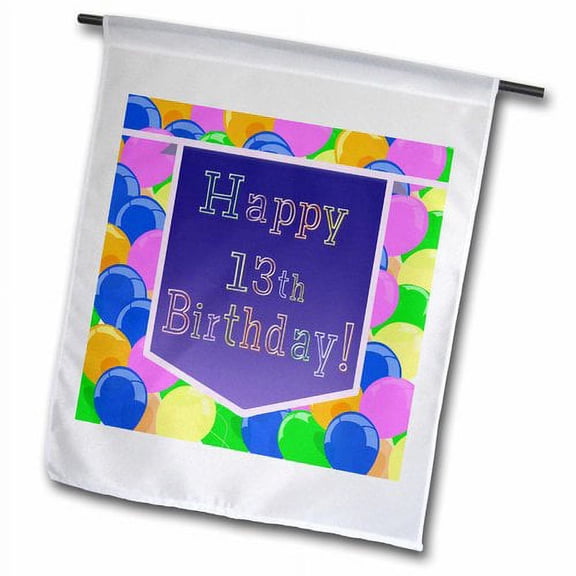 3dRose, Balloons with Purple Banner Happy 13th Birthday, 12 x 18 inch Garden Flag