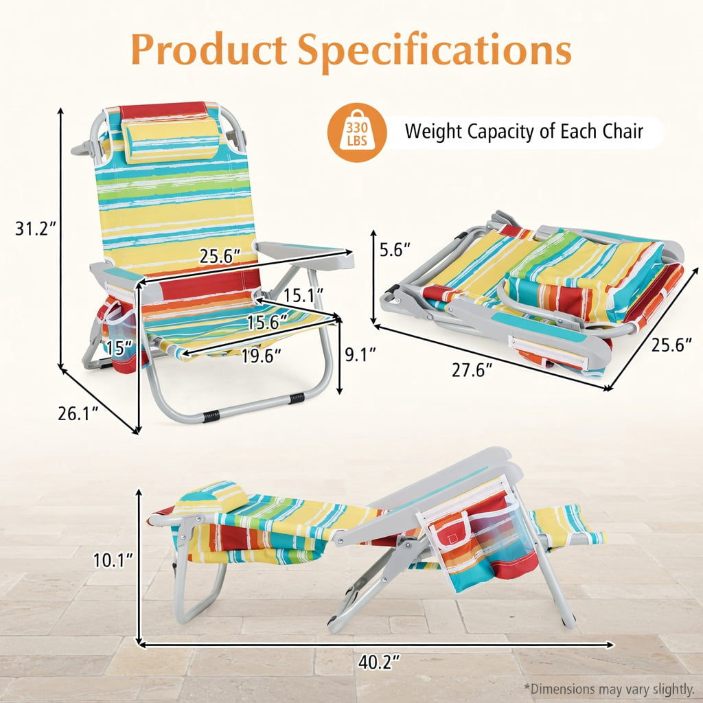 Hommoo 2-Pack Foldable Beach Chairs with Cup Holders, Adjustable Backrest & Storage Pockets, Lightweight Aluminum Frame, Waterproof 600D Oxford Fabric, Multicolor