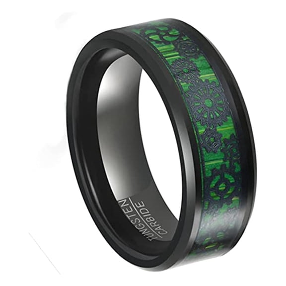 NUNCAD 8mm Black Tungsten Rings with Green Carbon Fiber Inlay Beveled Edges Comfort Fit Size 7-12