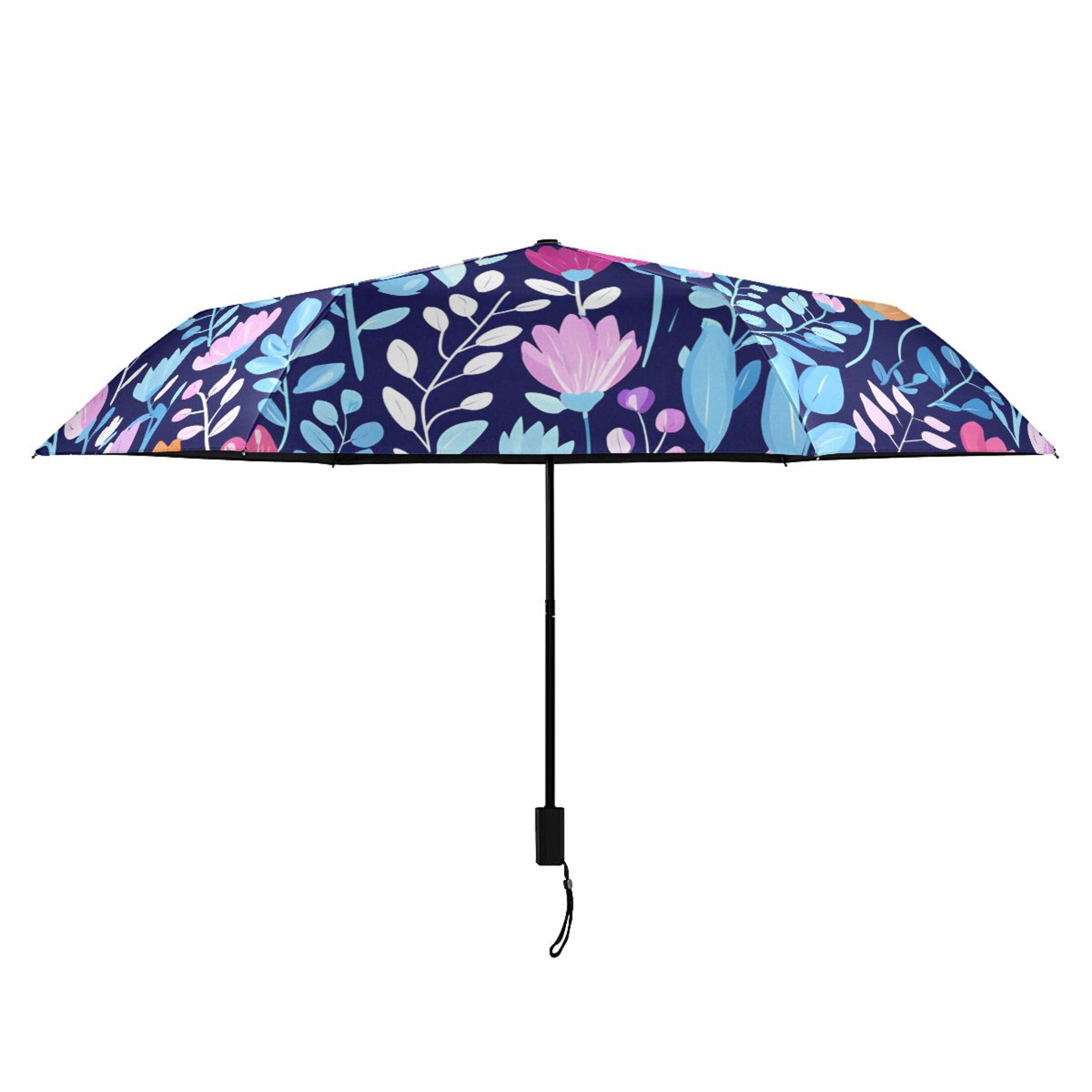 Pink Tulip with Blue Leaves Compact Sun Umbrella Windproof Travel Umbrellas for Rain Strong Portable UV Protection