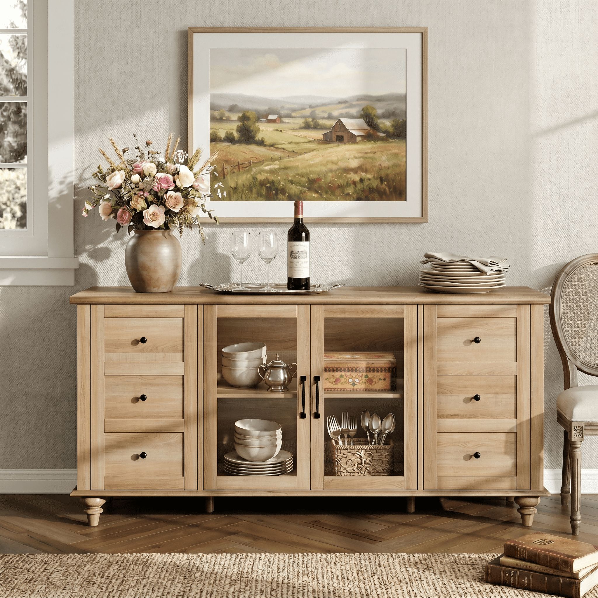 Oak Sideboard with Glass Door, Farmhouse Buffet Cabinet with Storage Shelf for Kitchen Dining Room
