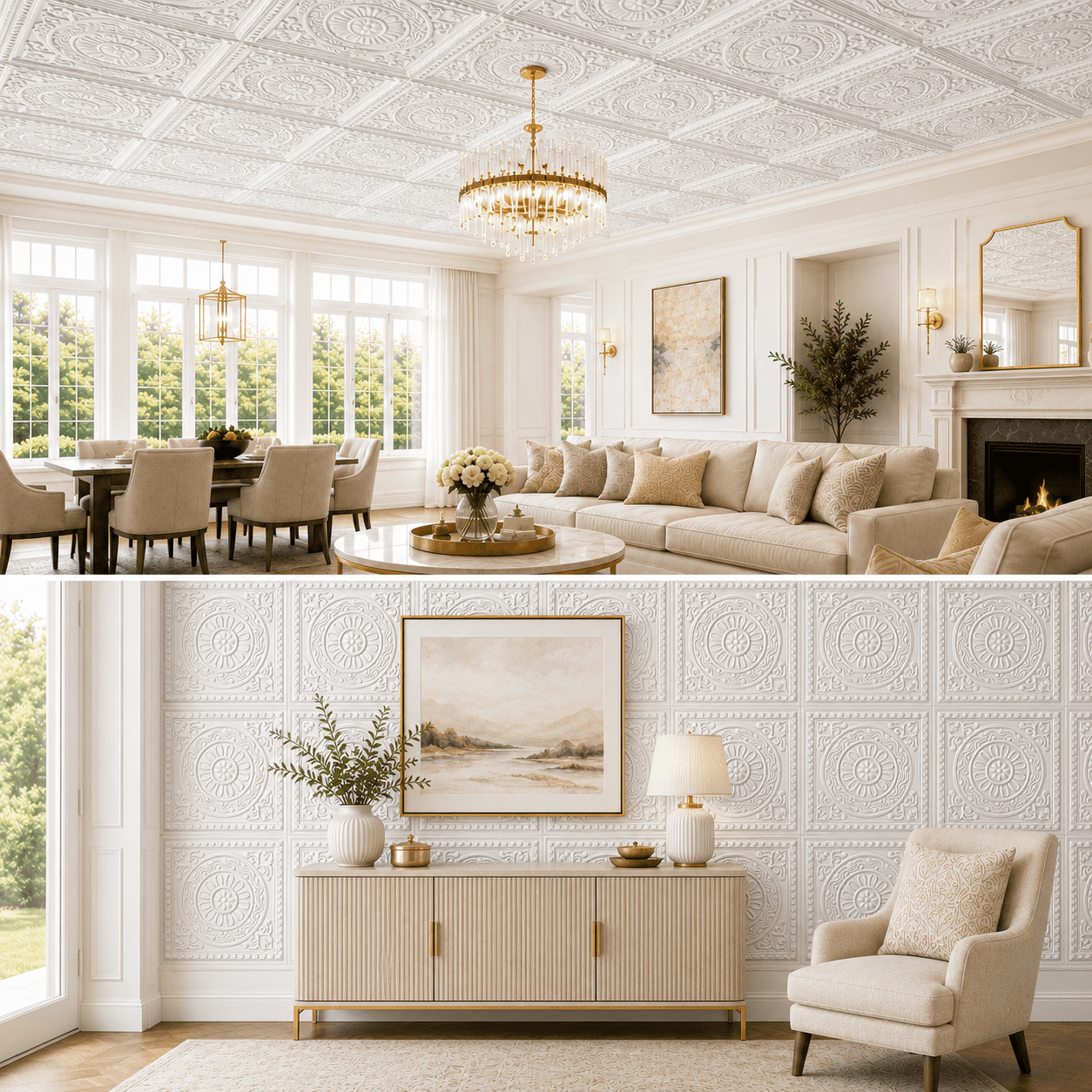 Yeslife 12-Pack Barque White PVC Drop Ceiling Tiles 2x2 ft Waterproof for Living Room Office, 48 sq ft
