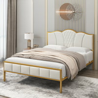 Homfa Queen Size Metal Modern Linen Fabric Upholstered Platform Bed Frame with Tufted Headboard