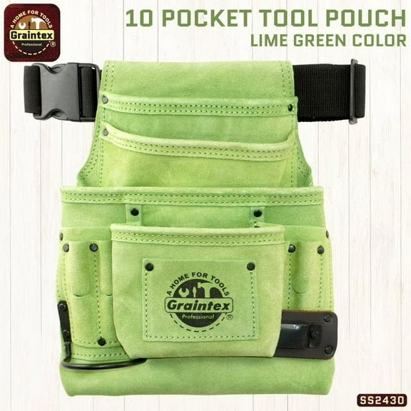 Graintex SS2430 :: 10 POCKET NAIL & TOOL POUCH LIME GREEN COLOR SUEDE LEATHER WITH BELT