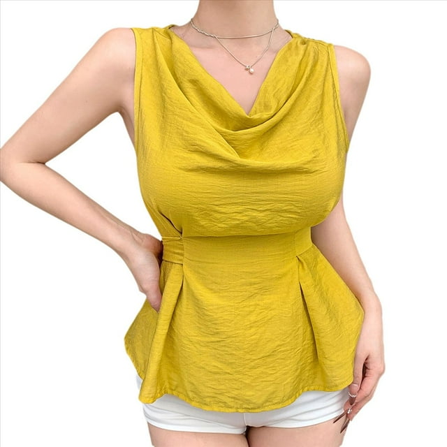 Camisetas Sin Mangas Verano con Cuello Vuelto para Mujer, Blusas Holgadas con Peplum, Blusas Informales Sin Mangas con Lazo en Cintura, Blusas Sin Mangas Color Amarillo Mostaza M