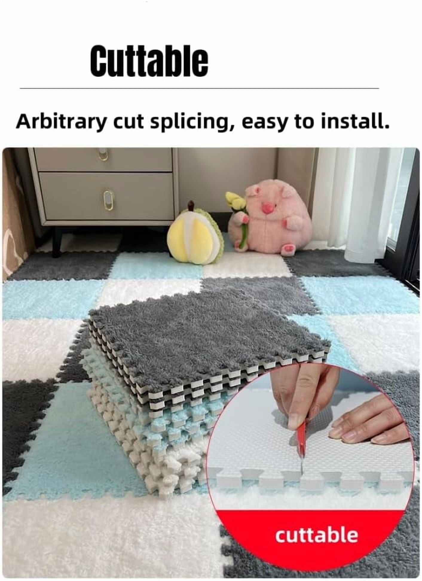 10PCS Fluffy Plush Interlocking Foam Mat Tiles, 12"x12" Thick Padded Playroom Carpet with Border, Play Mat Floor Tiles Thick Padded Squares Foam Tiles for Decor