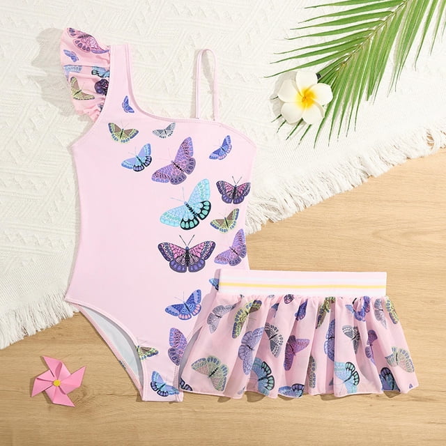 Girls Swimsuits 2 Piece Cute Tankini Swimsuit Striped Ruffle Bathing Suits for Girls 5-6 Years