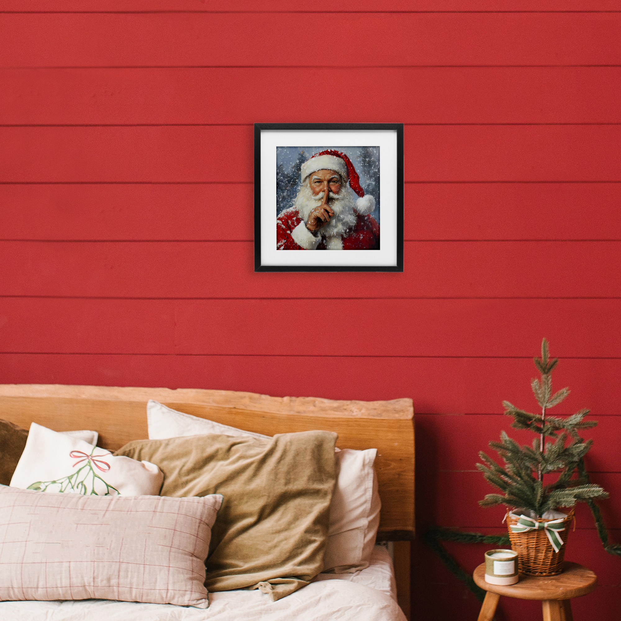 Secret Santa Shh Black Framed Print Under Glass, design by Petal Prints Design
