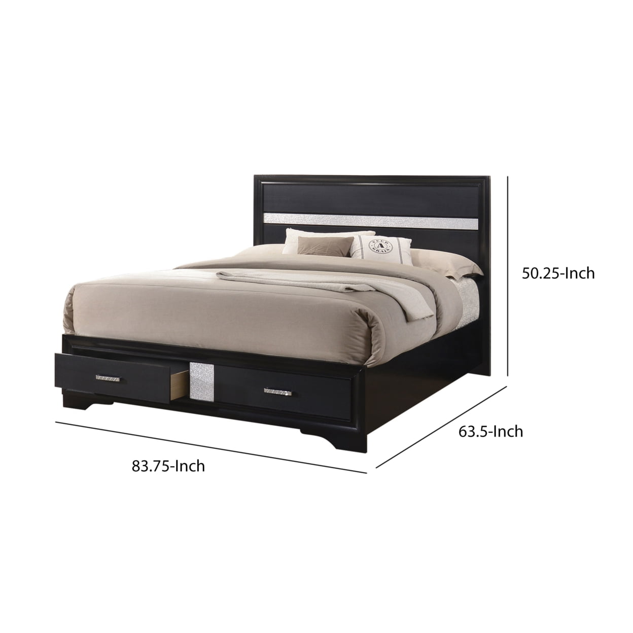 Transitional 2 Drawer Wooden Queen Size Bed with Glitter Stripe Black - Saltoro Sherpi