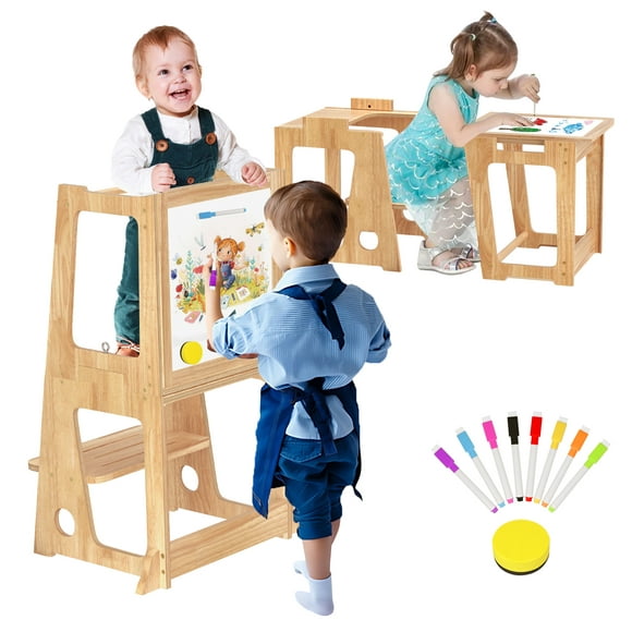Kids Kitchen Hepler Stool, Wooden Toddler Learning Standing Tower with Whiteboard and Safety Rail, Toddler Step Stool Anti-Slip Platform Removable Step Stool for Kitchen Counter, Bathroom Sink
