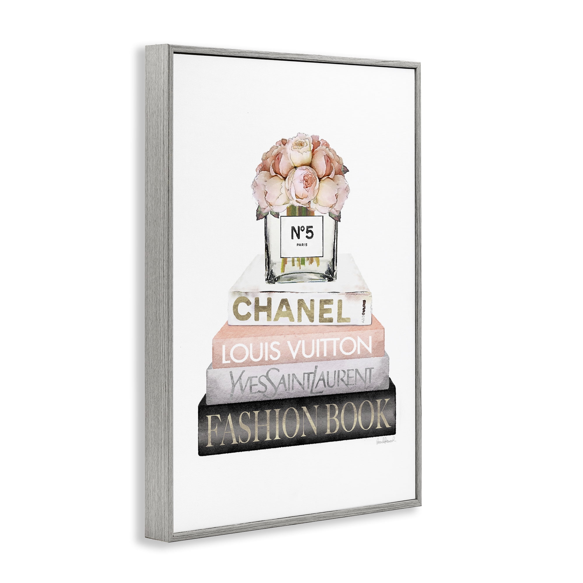 Stupell Industries Fashion Bookstack Peonies Botanical & Floral Painting Gray Framed Art Print Wall Art, 12 x 18