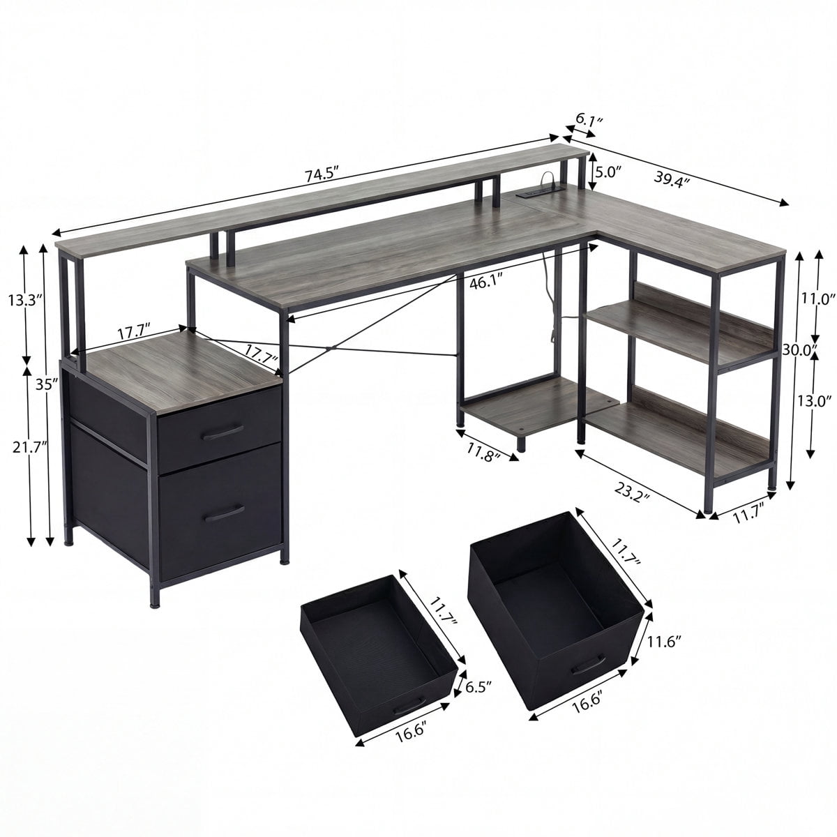 JIOABL Reversible L-Shaped Office Desk with Power Outlet, LED Light, Storage Drawer & Bookshelf, Gray