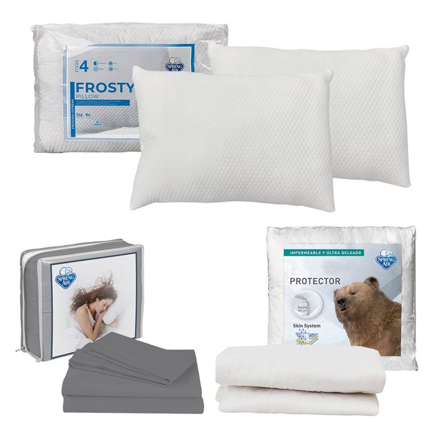 Protector de Colchón Matrimonial + Juego de Sábanas Grey + Almohada Frosty 2
