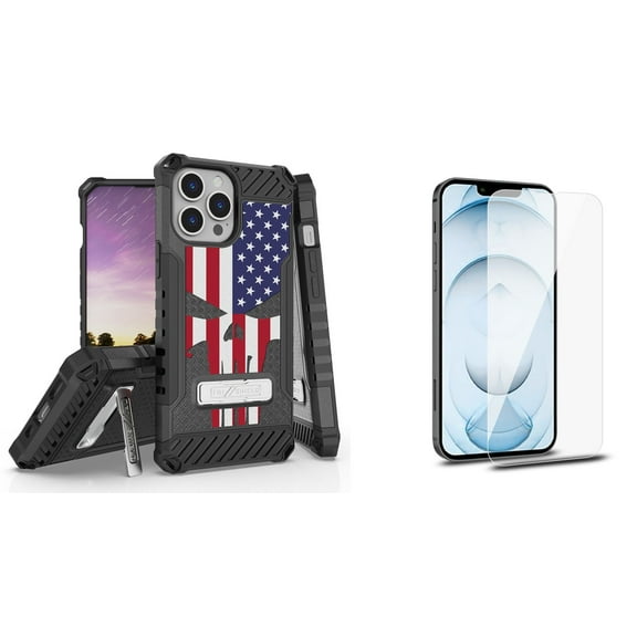 Bemz iPhone 13 Pro Max Bundle: Tri Shield Shockproof Armor Rugged Case (America Skull Flag), Premium Glass Screen Protectors (2-Pack)