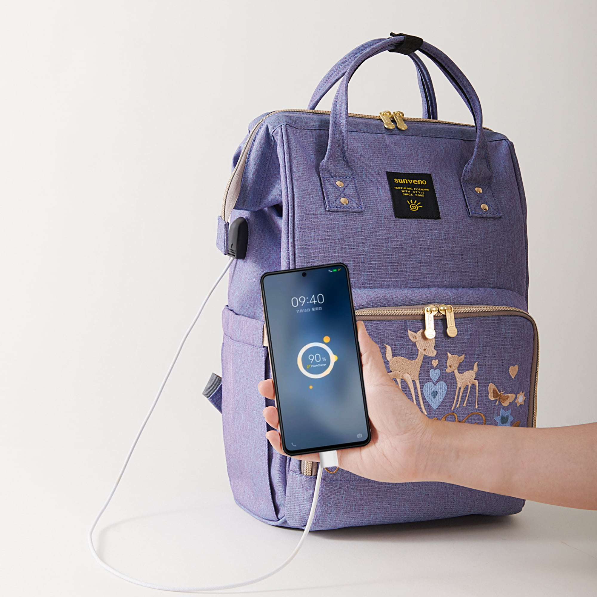 Sunveno Embroidered Backpack Diaper Bag Travel Backpack, Purple Deer