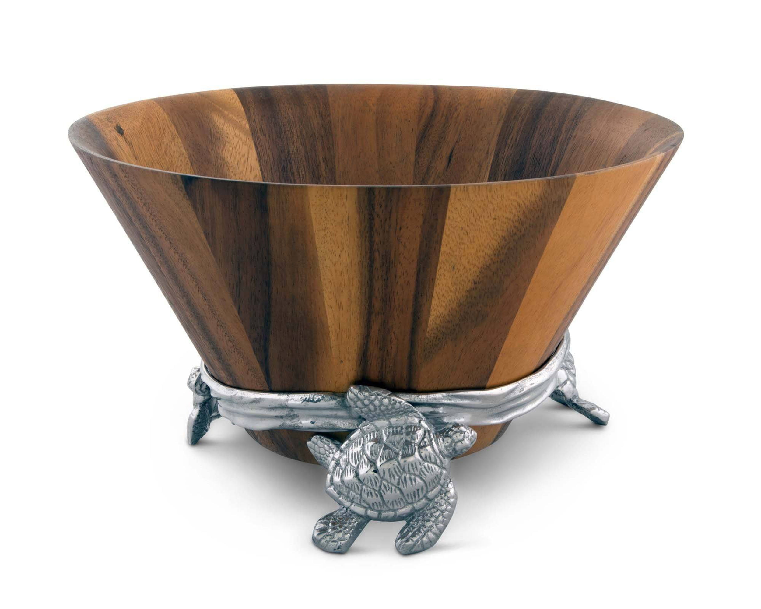 Ocean/Coastal Table 2 pieces Arthur Court Acacia Wood Salad Serving Bowl with Swimming Sea Turtle Metal Cast Aluminum Stand 