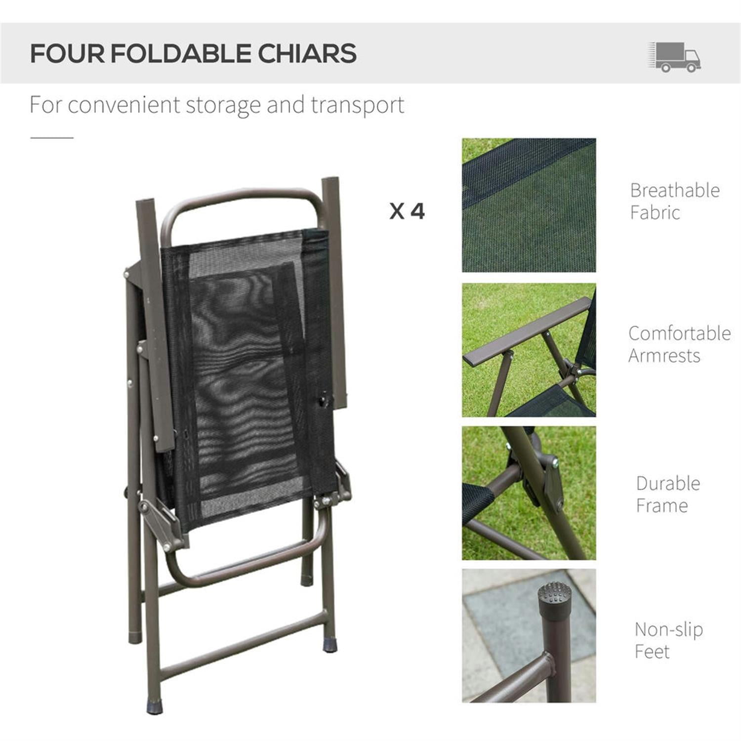 Demi Bonn 6-Piece Outdoor Dining Set with Umbrella, 4 Folding Chairs & Round Glass Table for Garden & Patio, Black