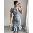 thumbnail image 3 of Dusty Blue Floral Embroidered Puff Sleeve Ruffle Hem Midi Fit & Flare Dress, 3 of 30
