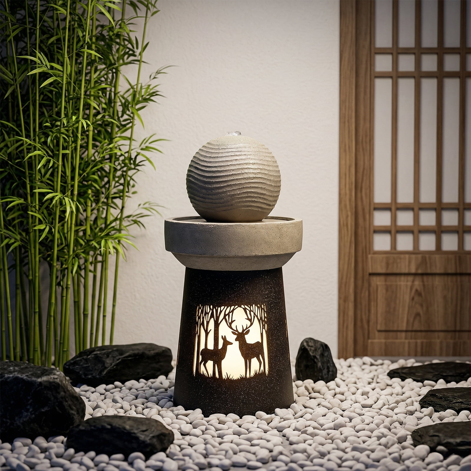 Mintazer 32.1" Modern Spherical Water Fountain with LED Lights, Outdoor Garden Fountain with Leaf Silhouette Base for Patio Yard Porch Landscape